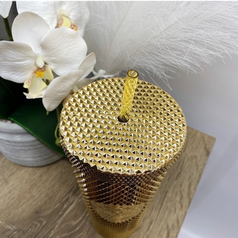 Starbucks Tumbler NWT 2022 Winter Holiday Gold Metallic Chrome Bling Studded - Picture 2 of 7